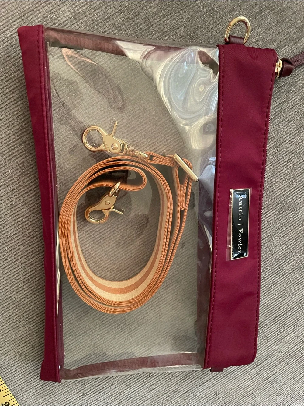Austin / Flower Burgundy Clear Crossbody Bag with Striped Tan Strap